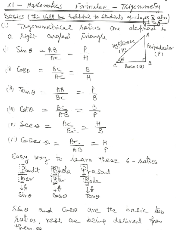 CBSE Class 11 Mathematics Trigonometry Notes Set A